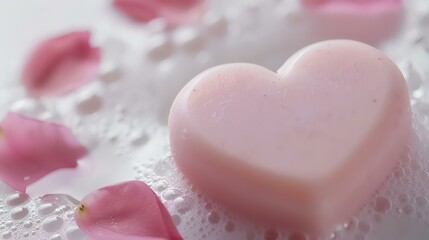 Obraz premium Heart-shaped soap, rose petals, foam, bathroom, spa relaxation