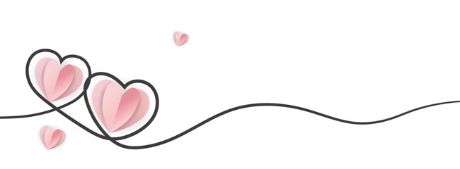 Continuous line heart shape border with realistic paper heart on white background for valentines, women, mother day greeting invitation graphic design 