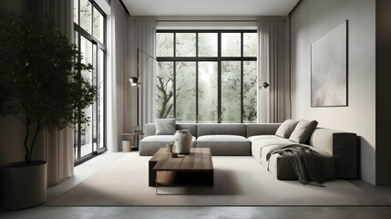 Modern apartment living room, large windows, tree view, calm atmosphere, interior design