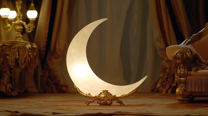 Elegant Crescent Moon Lamp Illuminating a Luxurious Interior with Ornate Decor and Soft Textures in a Warmly Lit Space for a Dreamy Ambience