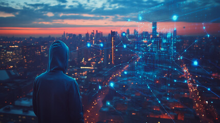Fototapeta premium Hacker are planning to hack and attack networks and cyber security systems. Smart digital city with connection cyber security network reciprocity over the cityscape .