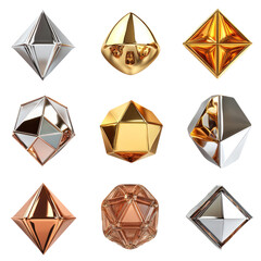 Collection of Geometric Shapes in Various Metallic Finishes on Transparent Background