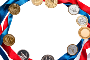 Sports victory frame with medals, ribbons, and a cheering crowd motif. Isolated on transparent or white background cut out