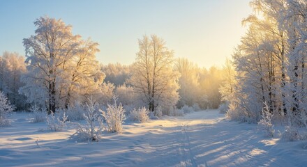 Winter wonderland snowy landscape frost-covered trees sunlit forest