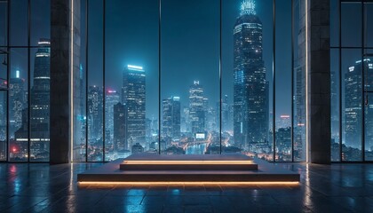 Empty modern office interior with illuminated podium and night cityscape view. Concept of business, success, and presentation.