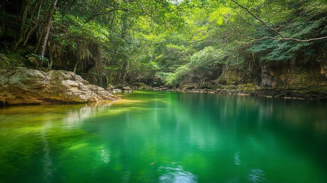 Lush tropical river surrounded by dense green forest vegetation - Powered by Adobe