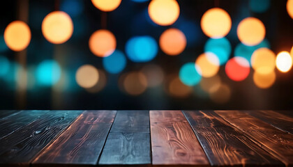 Wooden table, blurred bokeh background background. Neon light, night view, close-up. The general background of the interior, a dark background.