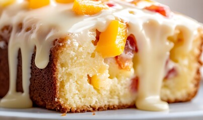A close-up view of a slice of light, fluffy loaf cake embedded with colorful fruit pieces, Generative AI
