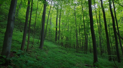 Fototapeta premium Lush green forest landscape with tall trees and dense foliage