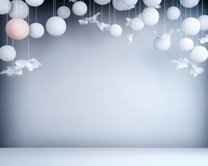Minimalist interior scene featuring hanging spheres and butterflies against a soft gradient backdrop