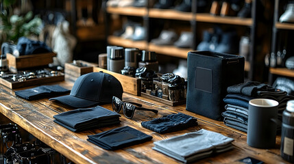 Display of dark clothing and accessories on wooden store counter with background of retail shelves