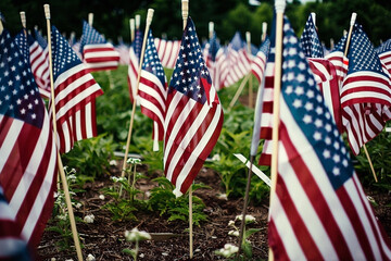 Memorial Field of American Flags Representing Patriotism and National Unity