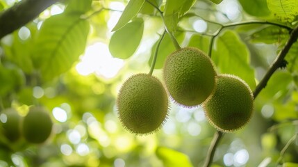 Spiky green fruits hanging from tree with sunlight filtering through leaves