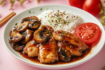 Naklejka premium Fusion food shot plate of chicken leg and mushrooms with rich sauce, white rice, tomato slices on the side with table setting