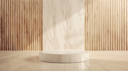 Elegant minimalist setup featuring a round marble pedestal on a glossy floor

