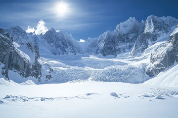 Majestic winter wonderland landscape snow-covered mountains glacier view serene environment captivating aesthetic