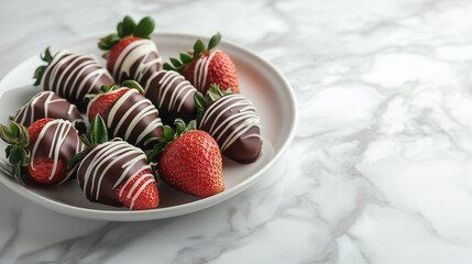 Decadent chocolate covered strawberries with white drizzle on elegant plate