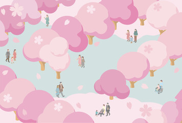 アイソメトリック　人物　家族　ファミリー　キッズ　春　お花見　さくら　桜　サクラ　背景　イラスト素材