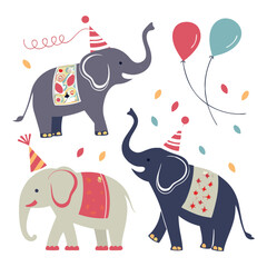 Birthday celebration with balloons air party elephant icon set