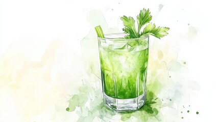 Fototapeta premium Watercolor of Glass of celery juice and fresh vegetables,healthy detox vitamin diet or Green vegetable juice,vegan food concept,menu breakfast drink,space for text.