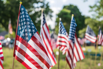 Field of United States Flags Flying in Honor of National Holiday