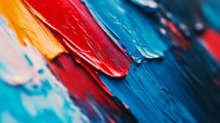 Colorful paint texture with vibrant shades of red, blue, and yellow on a canvas