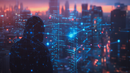 Fototapeta premium Hacker are planning to hack and attack networks and cyber security systems. Smart digital city with connection cyber security network reciprocity over the cityscape .