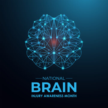 Low poly brain injury awareness month concept. Abstract modern 3d vector. Banner poster, flyer and dark blue background design template. Vector illustration. Eps 10.