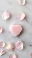 Fototapeta premium Pink heart-shaped soap amidst rose petals on marble, romantic setting, Valentine's Day gift