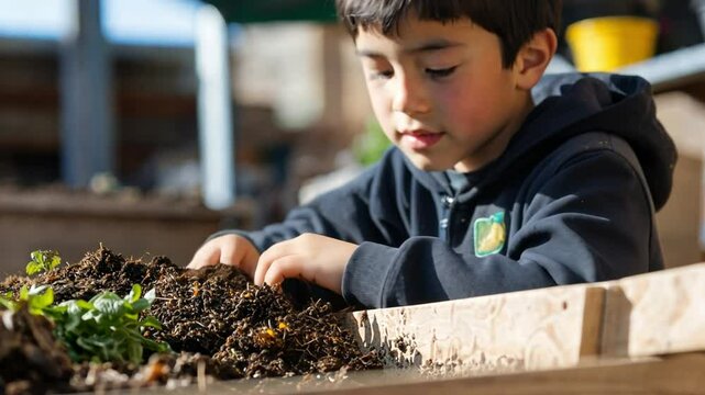 A young boy joins a composting workshop, learning how organic fertilizers support sustainable urban farming practices.