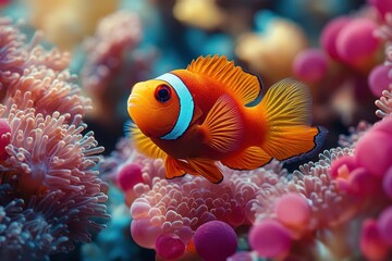 Clownfish swimming among vibrant coral in a colorful marine reef habitat during daylight