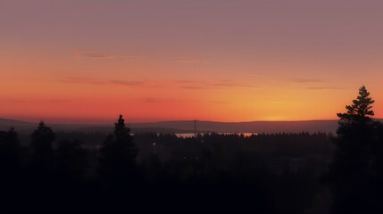 Obraz premium Serene Sunset Over Silhouetted Forest Landscape