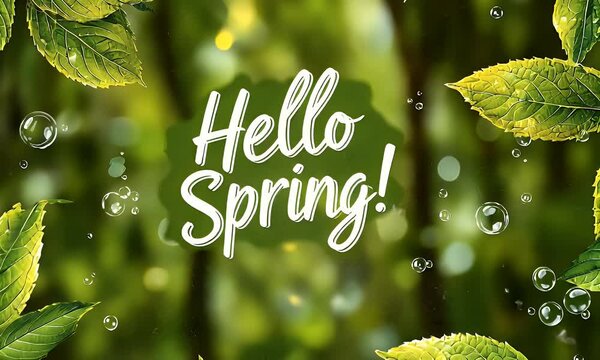 Lush Green Spring Leaves with "Hello Spring!" Greeting