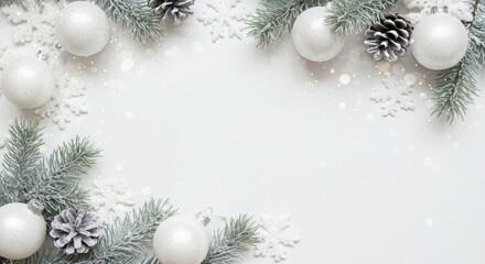 Winter holiday frame, white Christmas ornaments, silver snowflakes, pine branches, frosted pine cones, glittering baubles, soft white background, ethereal glow, seasonal border