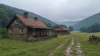 Obraz premium Mountain Valley Rustic Wooden Cabins Landscape