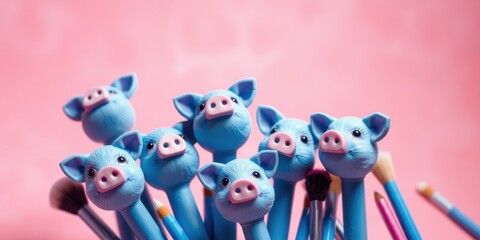 Fototapeta premium A whimsical group of blue pig-shaped makeup brushes arranged in a cluster on a pink background, their playful expressions and vibrant colors creating a delightful scene.