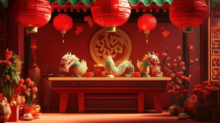Festive Chinese New Year Altar With Dragons And Lanterns