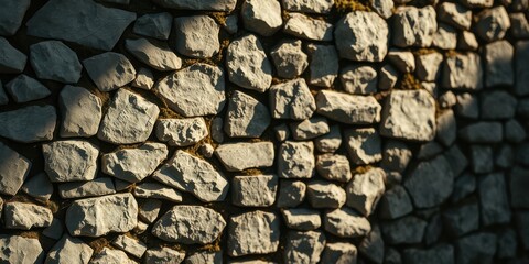 A Close-Up of a Stone Wall with Irregularly Shaped Stones, Bathed in Warm Sunlight, Creating a Textured Background
