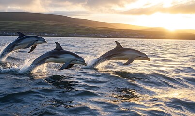 Fototapeta premium Dolphins leaping from ocean at sunset, Generative AI