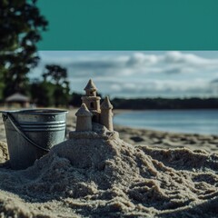 Fototapeta premium Idyllic Beach Scene Sandcastle Bucket Coastal View