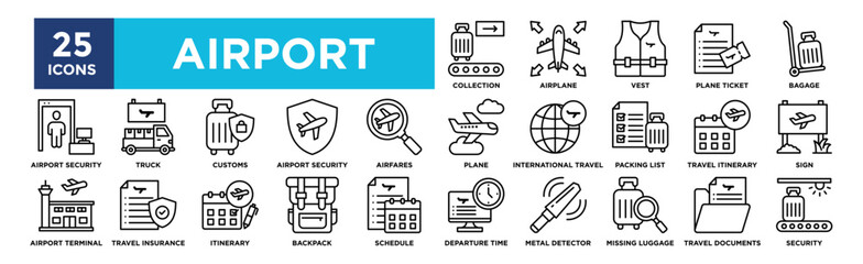 Airport icon collection set. Containing design, Baggage Collection, Airplane, Vest, Plane Ticket, Bagage