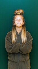 Obraz premium Confident Teen Girl Studio Portrait Green Background Fleece Jumpsuit