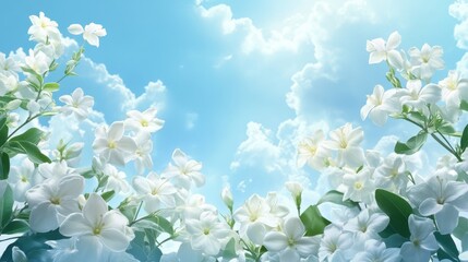 A field of white flowers with a blue sky in the background