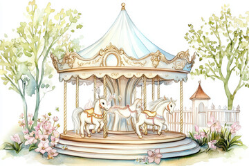whimsical carousel featuring elegant horses, surrounded by lush trees and blooming flowers, evokes sense of nostalgia and joy. pastel colors enhance enchanting atmosphere
