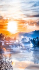 Fototapeta premium Enchanting Winter Sunrise Misty Lake Village and Colorful Sky