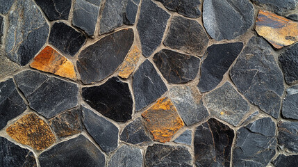 Fototapeta premium Textured black and brown stone wall creates a rustic aesthetic in natural architecture