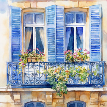 paris windows and doors in spring in soft blue and beige, watercolor