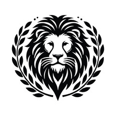 Powerful lion head logo framed by laurel wreath.