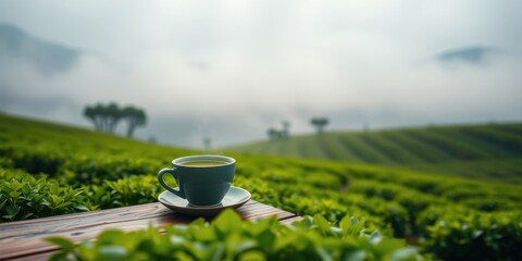 A solitary cup of tea resting on a wooden table overlooking a vast expanse of green tea plantation, the mist slowly lifting to reveal the beauty of the landscape