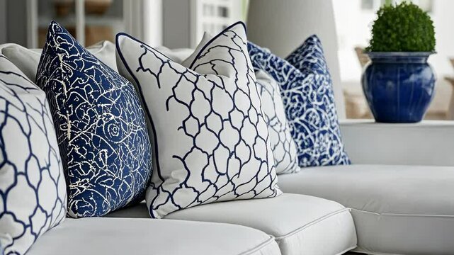 Stylish living room with blue and white patterned pillows on a comfortable sofa